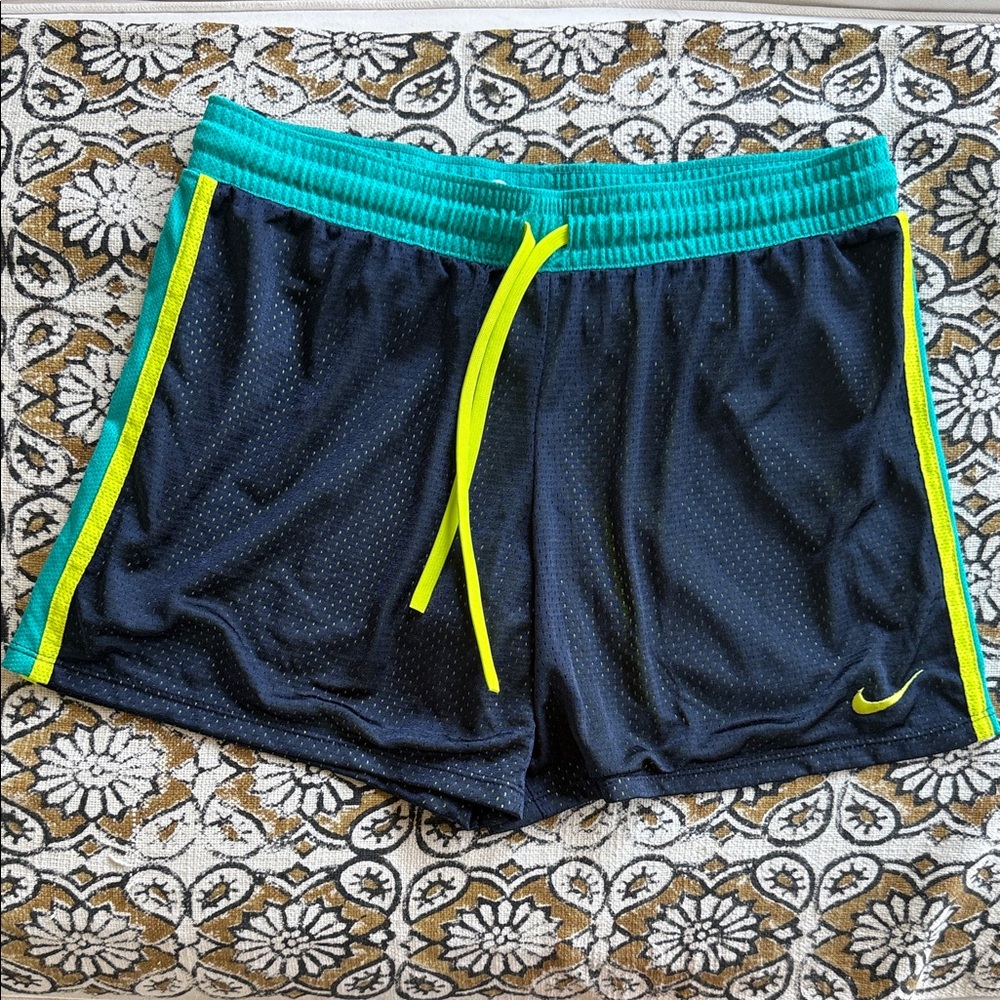 Nike Women’s Navy Athletic Shorts with Teal Waistband and Neon Yellow Trim